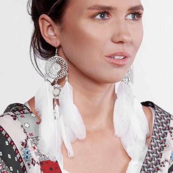 Boho Jewelry - Feather Drop Dream Catcher Statement Earrings